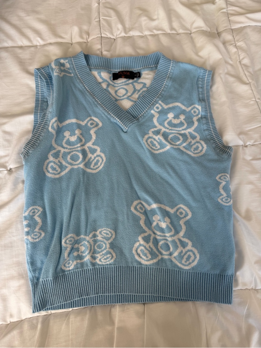 Blue Teddy Knit V-Neck Sweater Vest